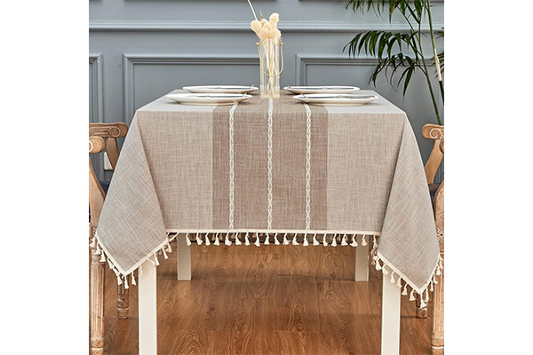 Square Table Cloth Linen Farmhouse Tassel Tablecloth Wrinkle Free and Dust-Proof Decorative Embroidered Fabric Table Cover for Kitchen