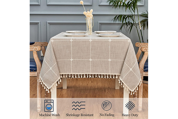 Square Table Cloth Linen Farmhouse Tassel Tablecloth Wrinkle Free and Dust-Proof Decorative Embroidered Fabric Table Cover for Kitchen