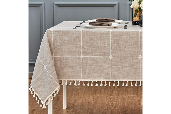 Square Table Cloth Linen Farmhouse Tassel Tablecloth Wrinkle Free and Dust-Proof Decorative Embroidered Fabric Table Cover for Kitchen