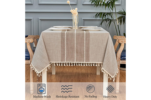 Square Table Cloth Linen Farmhouse Tassel Tablecloth Wrinkle Free and Dust-Proof Decorative Embroidered Fabric Table Cover for Kitchen