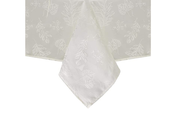 What is unique about the weaving process of this leaf jacquard damask tablecloth that makes it particularly elegant?